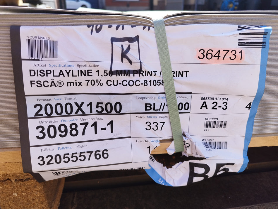 Displayline 2000x1500x1.5 mm - print/print - karton - Triplexkarton - gestreken wit met crème kern - verpakkingsmateriaal