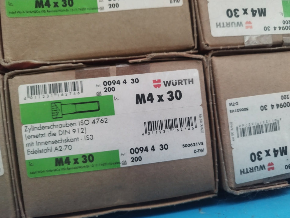 Wurth binnenzeskantschroef M4x30 MM A2 INOX Imbus