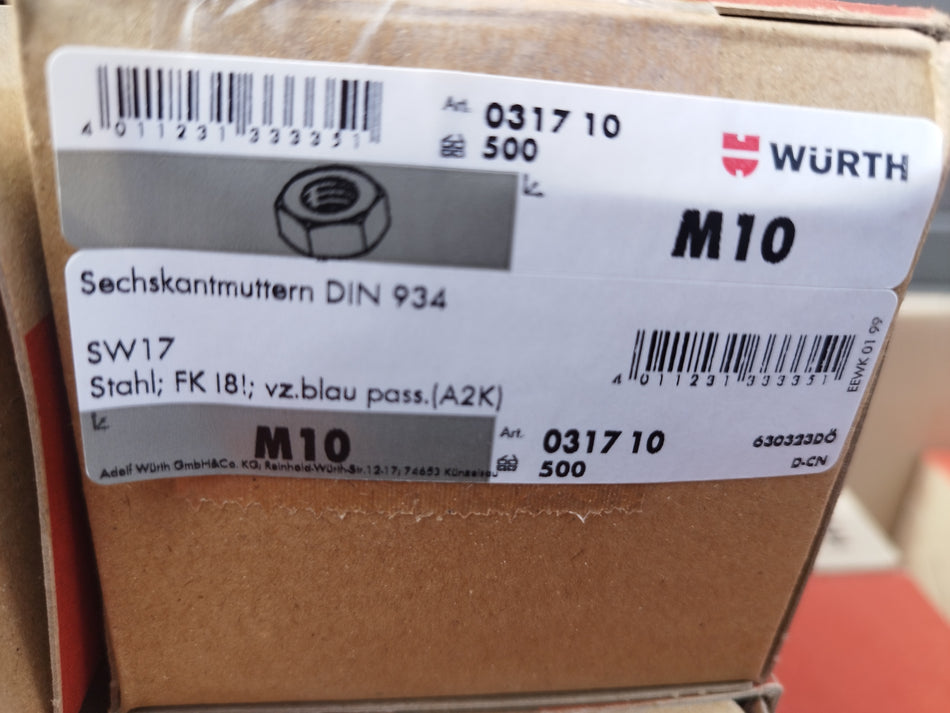 Zeskantmoer M10 - DIN 934 - verzinkt - 500 stuks - Wurth